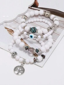 4入組新年禮物手鍊套裝,包括時尚樹梅花手鍊、手臂鍊、珠鏈項鍊和手鍊