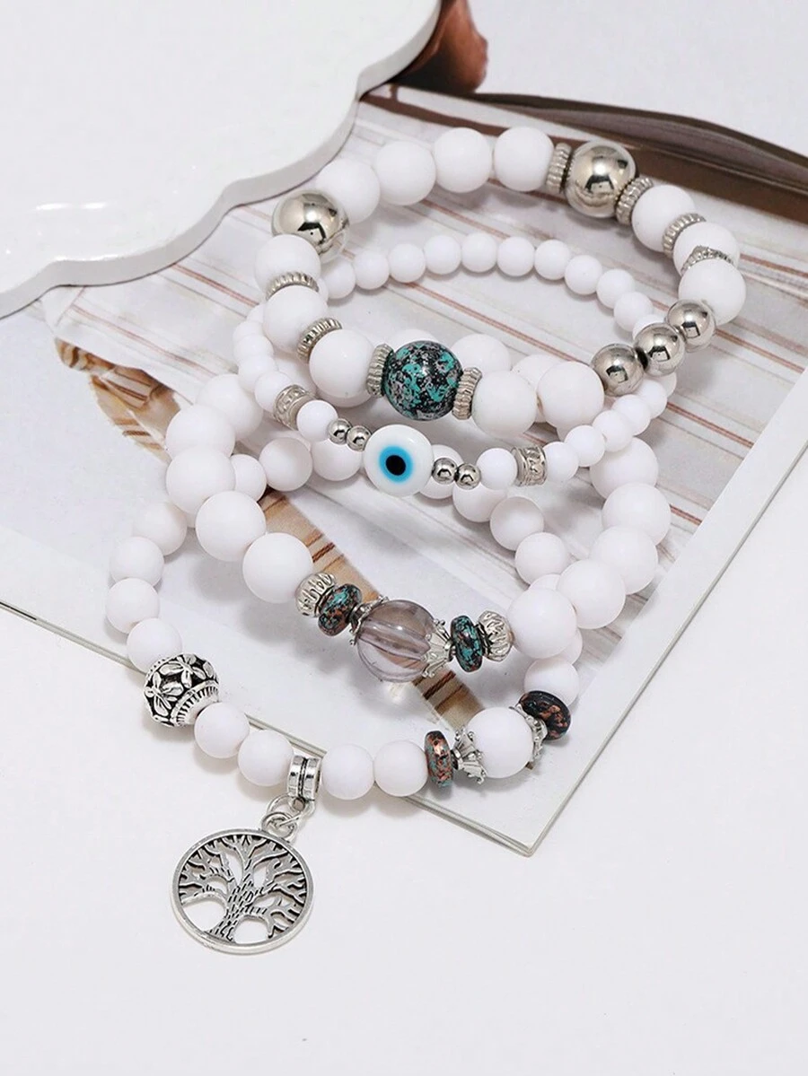 4入組新年禮物手鍊套裝,包括時尚樹梅花手鍊、手臂鍊、珠鏈項鍊和手鍊