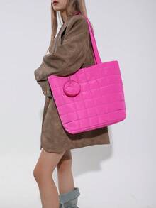 Bolso Grande De Tela En Cuadros Con Capacidad Amplia - Rosa Fucsia - Ver 4