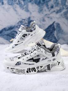 男士厚底增高涂鸦字母装饰保暖内衬前系带厚底运动鞋，适合休闲和运动跑步 - 白黑 - 查看 6