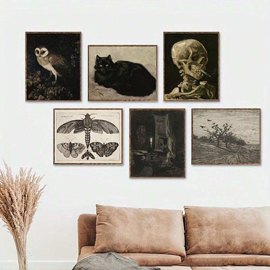 6pcs/set Vintage Canvas Wall Art Prints, Black Cat, Owl, Skull, Dark