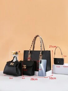 Women's 4-Piece Combination Bag Set: Fashionable Retro Color Block Chain Shoulder Tote Bag & Mini Crossbody Bag - Black - View 4