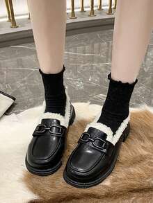 Giày lười đế bằng kiểu Anh mùa thu đông lót nhiệt cho nữ màu đen - màu đen - Xem 3