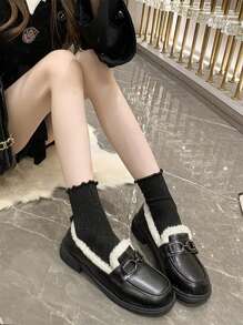 Giày lười đế bằng kiểu Anh mùa thu đông lót nhiệt cho nữ màu đen - màu đen - Xem 2
