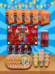 Party Kit 70 Guests Power Rangers Character 282 Pcs Decoration Items (Plates + Glasses + Sweets + Dovecote + Canvas + Tablecloth) Bonus Banner Souvenir - Black - View 1
