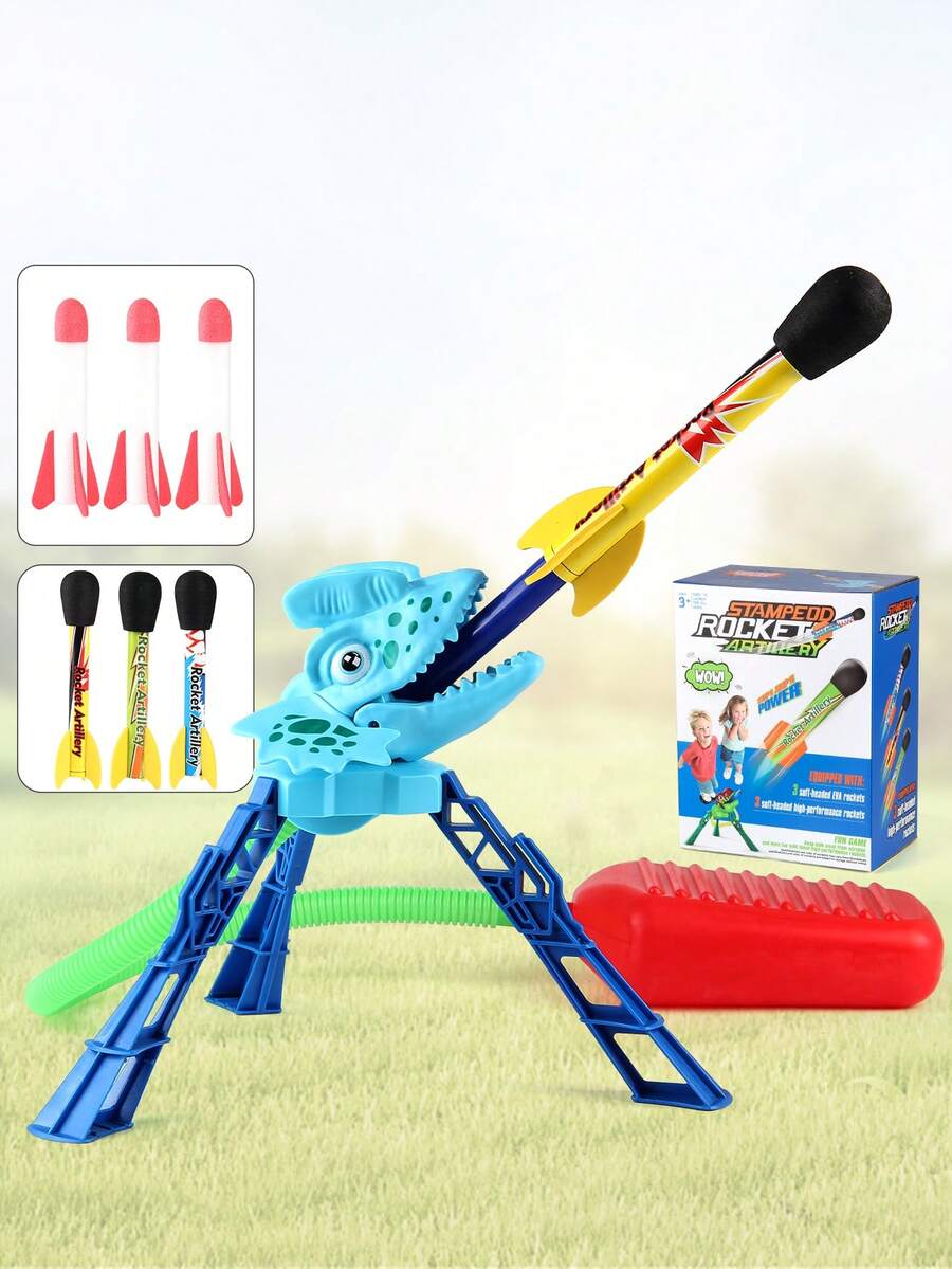 Outdoor Interactive Foam Rocket Stomping Launch Tower Set With 6 Foam Rockets And Blue Double Crown Dragon Theme - Multicolor - View 1