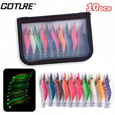 GOTURE 10pcs Luminous Wooden Shrimp Lures with Double Layer Squid Jig Hooks Ringing Bead Glow in the Dark Portable Lure Bag for Saltwater and Freshwater