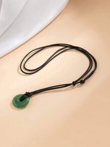1pc Natural Green Aventurine Ping An Buckle Waterproof Necklace Adjustable Braided Wax Rope - Green - View 1