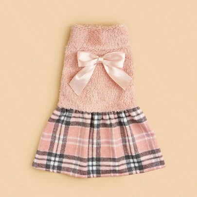1pc Pet Dog Dress, High Collar Design, Plaid Bow Decor Pet Dress Suitable For Small/Medium Dogs, Cats, Autumn/Winter
