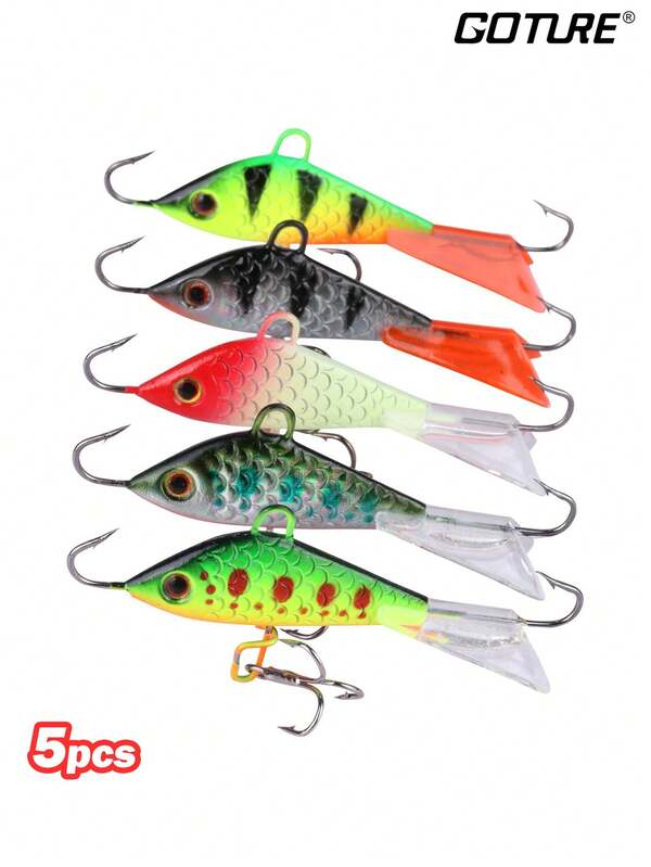 GOTURE 5 قطع من طعم الصيد الجليدي مع خطاف ثلاثي وخطاف فردي للكراب والسمك المرقط والسمك المسطح وسمك الفالي للصيد الشتوي على الجليد