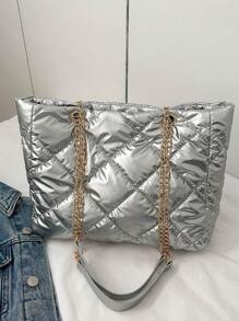 Fashionable Casual Simple Cross-stitching Chain Shoulder Tote Bag - Silver - View 1