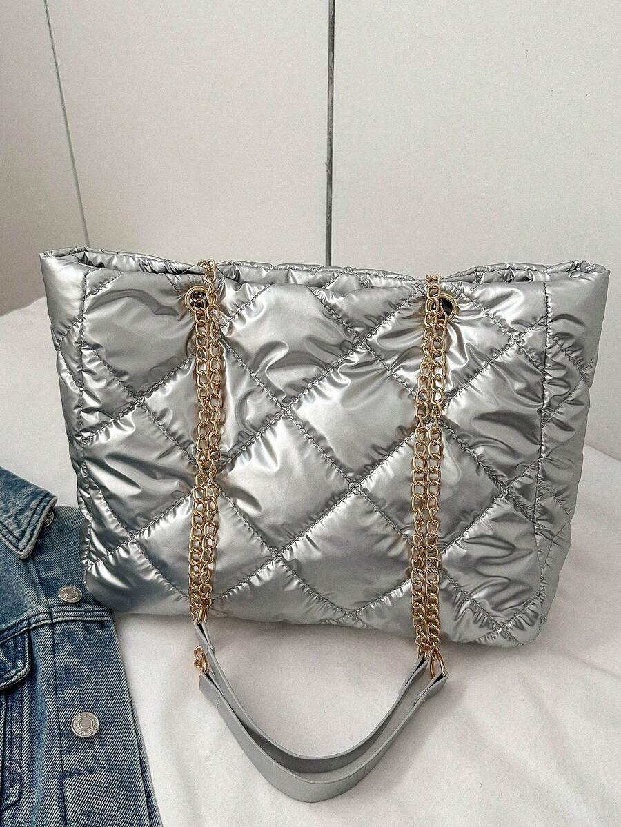 Fashionable Casual Simple Cross-stitching Chain Shoulder Tote Bag - Silver - View 1