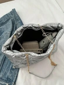 Fashionable Casual Simple Cross-stitching Chain Shoulder Tote Bag - Silver - View 6