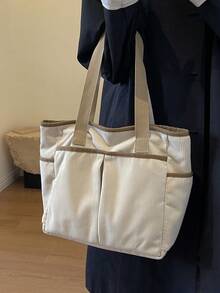 Bolso De Mano De Terciopelo Para Mujer, De Gran Tamaño Con Diseño De Bloques De Color, Bolso Estilo Universitario - Beis - Ver 7