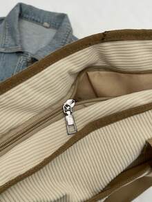 Bolso De Mano De Terciopelo Para Mujer, De Gran Tamaño Con Diseño De Bloques De Color, Bolso Estilo Universitario - Beis - Ver 9