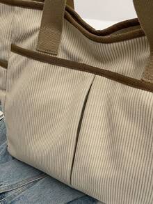 Bolso De Mano De Terciopelo Para Mujer, De Gran Tamaño Con Diseño De Bloques De Color, Bolso Estilo Universitario - Beis - Ver 5