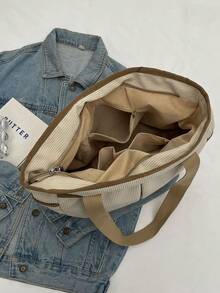 Bolso De Mano De Terciopelo Para Mujer, De Gran Tamaño Con Diseño De Bloques De Color, Bolso Estilo Universitario - Beis - Ver 4