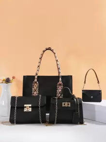 Women's 4-Piece Combination Bag Set: Fashionable Retro Color Block Chain Shoulder Tote Bag & Mini Crossbody Bag - Black - View 1