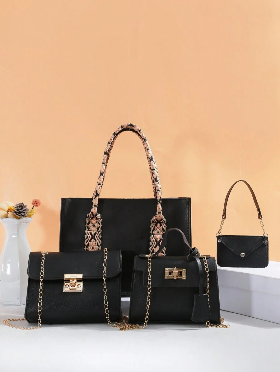 Women's 4-Piece Combination Bag Set: Fashionable Retro Color Block Chain Shoulder Tote Bag & Mini Crossbody Bag - Black - View 1