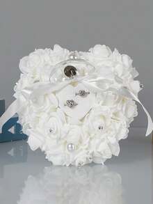 1pc White Heart Shape Wedding Ring Pillow Elegant Decoration Ring Cushion Bearer Box With Ribbon Bowknot - White - View 5