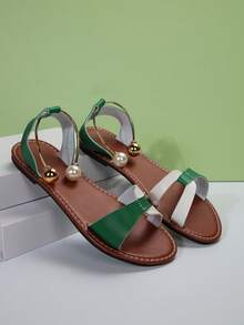 歐美風格大碼彩色異材質綠白女拖,休閒時尚戶外沙灘鞋,夏季必備 - 綠色 - 查看 5