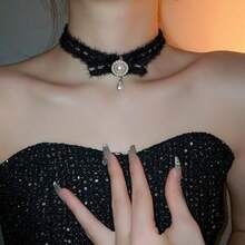 1件羊毛绒蝴蝶结圆环水滴珍珠项链，个性化甜心项链，冬季新款百搭女士首饰，节日理想礼物