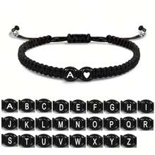 1 pulseira trançada com coração preto e branco + 26 letras, corrente de joias minimalista e versátil para casais com formato de coração