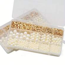 1盒15格人造珍珠套裝,約1240件帶冠和五星圓珠（kc金、白色、金色、玫瑰金）,可用於製作手鍊、耳環、項鍊以及帶分隔器的珠寶diy材料附件 - 一盒 - 查看 2