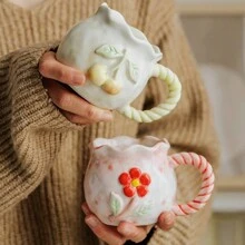 一款创意 3D 浮雕手绘樱桃图案陶瓷咖啡杯，适合家庭使用 - 彩色 - 查看 2