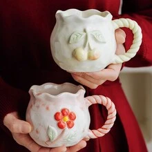 一款创意 3D 浮雕手绘樱桃图案陶瓷咖啡杯，适合家庭使用 - 彩色 - 查看 4