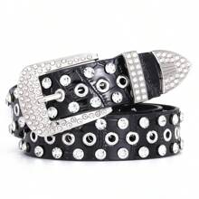 1pc Rhinestone Inlaid Crocodile Pattern Wide Belt With All Hole Eyelets - Black - View 1