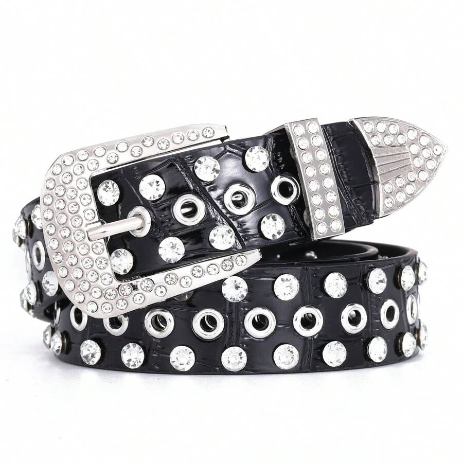 1pc Rhinestone Inlaid Crocodile Pattern Wide Belt With All Hole Eyelets - Black - View 1