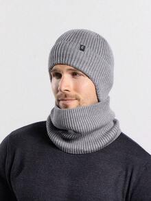 Winter Warm Knitted Hat And Scarf Set For Men With Thicker Thermal Lined , Outdoor Cycling Ear Protection Beanie - Grey - View 1