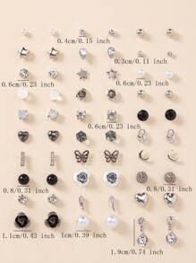 30對/套華麗的極簡主義金屬&假珍珠&花卉&心形&蝴蝶結設計女性約會耳環禮物套裝 - 彩色 - 查看 2