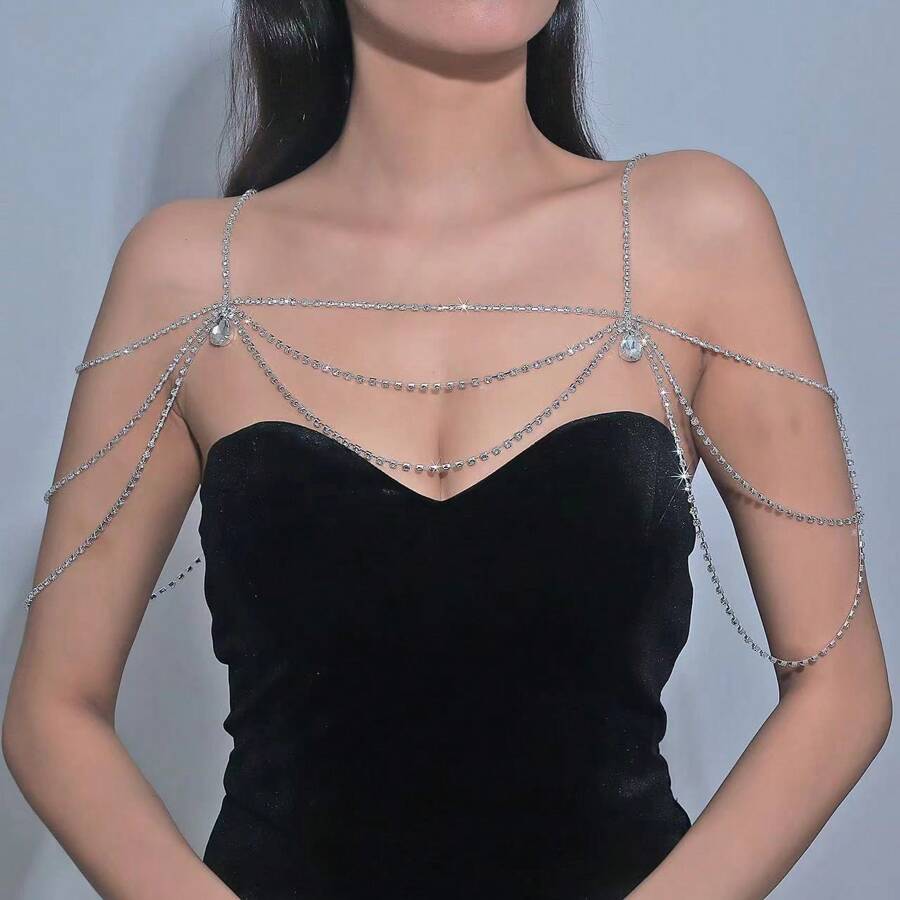 1pc Cross-Border New Arrival Accessory Rhinestone Shoulder Chain Sexy Tassel Multi-Layer Collarbone Necklace Crystal Body Chain - Gold - View 1