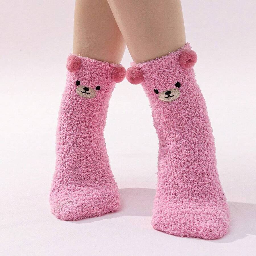 1双女士可爱熊和水果动物系列珊瑚绒家居袜 - 玫紅色 - 查看 1