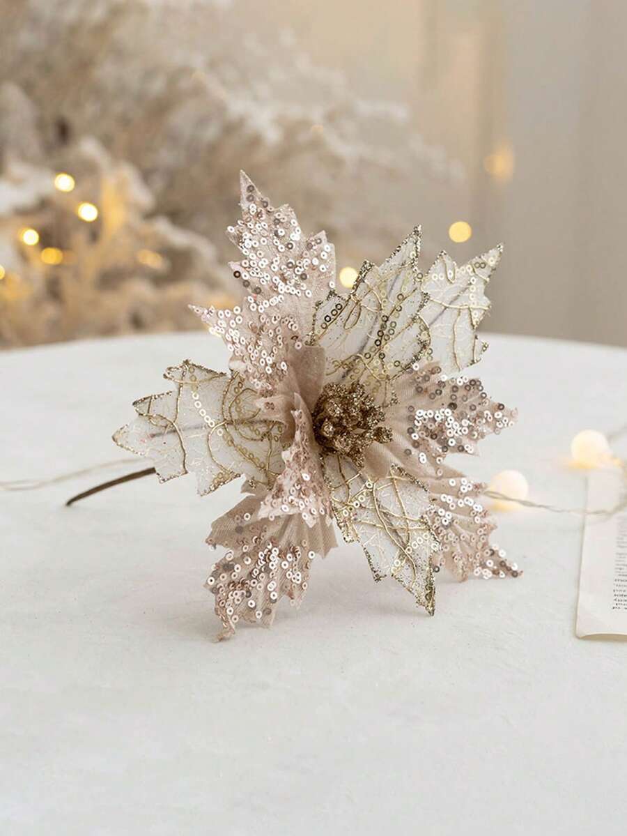 1 Miếng 20cm Vàng Nhân tạo Hoa giáng sinh Với Chi tiết Glitter , Cây thông noel Đồ trang trí , Nhung Chất liệu - Rượu sâm banh - Xem 1