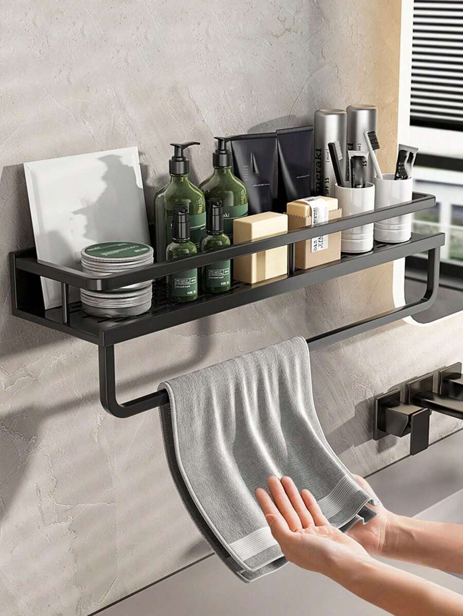 1pc Multifunctional Bathroom Storage Rack, Wall-Mounted Toilet Organizer, Cosmetic Holder, Towel Rack, Suitable For Bathroom Items Storage And Other Bathroom Accessories - Black - View 1
