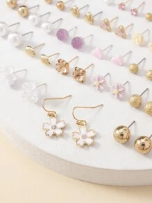 30 Pairs/Set Exquisite & Simple Metal Faux Pearl Floral Heart Shaped Ear Studs Set, Gift For Women's Dating Valentines,Mom,Mother,Mother's Day,Gift