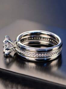 1pc Exclusive Design New Fashion Three Layers Stackable 6.5mm 1ct Round D Color Vvs1 Moissanite 925 Sterling Silver Bridal Ring For Women, Wedding And Party Jewelry Engagement Rhinestone Rhinestone Ring - White - View 4