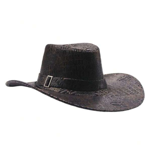 Vintage American Style Outdoor Cowboy Sun Hat With Leather Belt, Wide Brim Uv Protection Riding