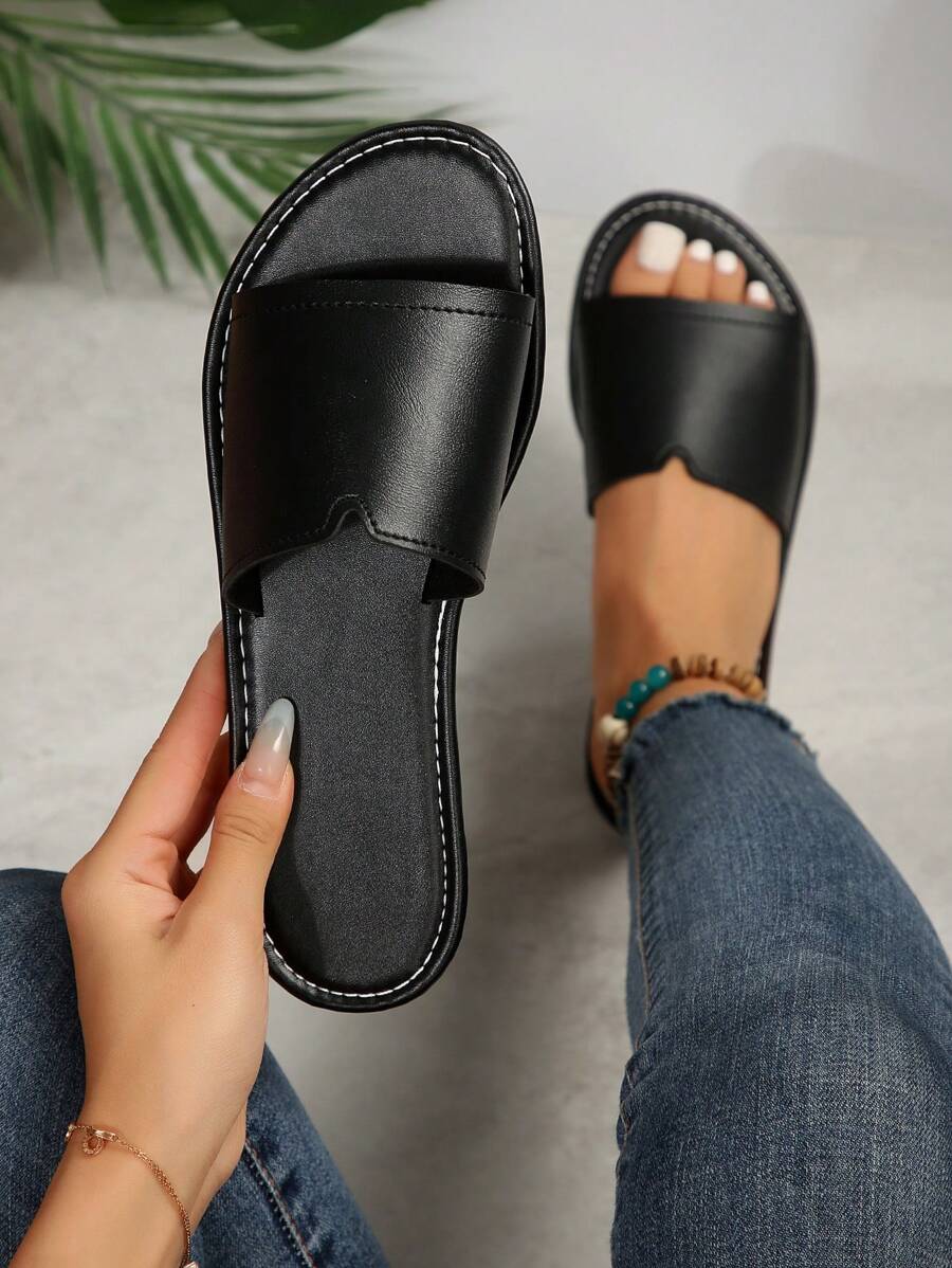 Chaussons Plats Décontractés Pour Femmes, Chaussons Antidérapants À Bout Rond Ouvert À L'arrière, Sandales D'intérieur / Extérieur / Plage