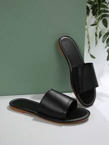 Chaussons Plats Décontractés Pour Femmes, Chaussons Antidérapants À Bout Rond Ouvert À L'arrière, Sandales D'intérieur / Extérieur / Plage - tout noir - Voir 6