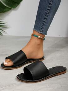 Chaussons Plats Décontractés Pour Femmes, Chaussons Antidérapants À Bout Rond Ouvert À L'arrière, Sandales D'intérieur / Extérieur / Plage - tout noir - Voir 3