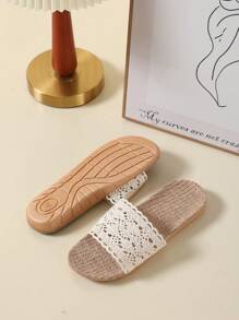 New Breathable Lace Linen Home Slippers, Versatile Princess Linen Slippers - Beige - View 7