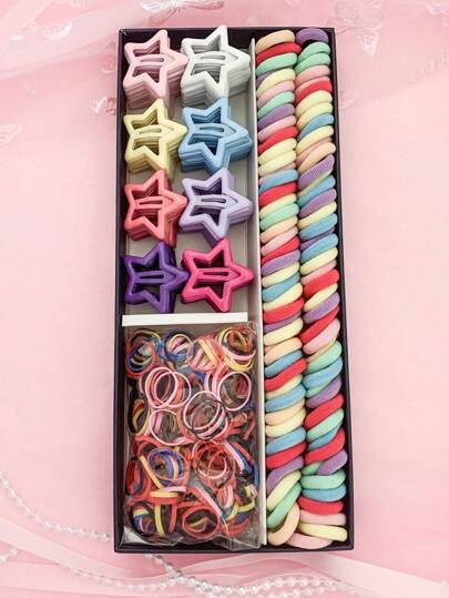 210 件/套随机颜色尼龙发圈、星星发夹和 TPU 发带派对礼品套装万圣节爪夹发夹发夹