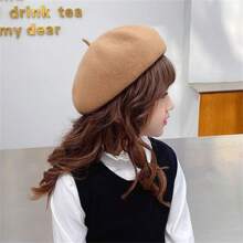 女孩羊毛貝雷帽帽子,秋冬兒童帽子,時尚時髦的女孩藝術家帽子,親子帽子 - 卡其色 - 查看 2