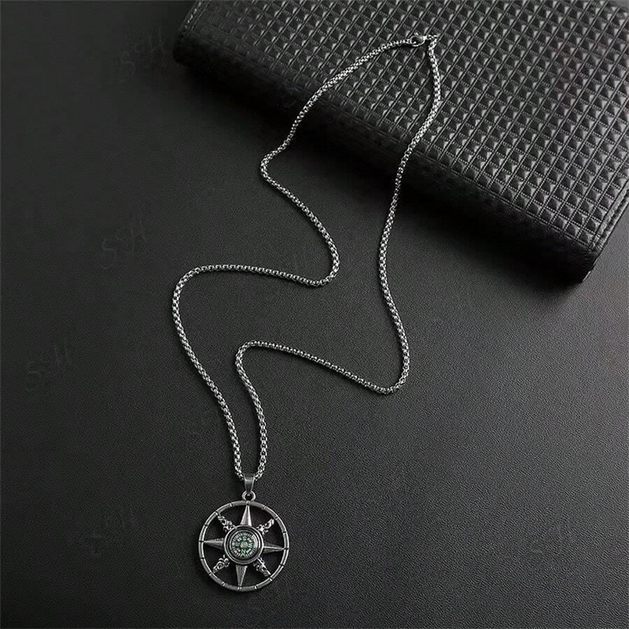 1入裝男女用指南針吊墜項鍊,鈦鋼毛衣鏈嘻哈配件 - 銀色 - 查看 1