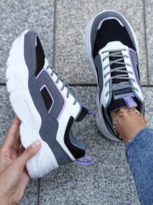 新款春秋女款白色彩塊休閒增厚底輕便運動鞋 - 彩色 - 查看 3
