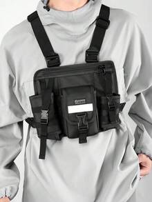 酷炫哥德式背心胸包,運動騎乘可穿戴背包,具有功能性和個性化多口袋 - 黑色 - 查看 2